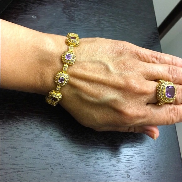 925 Silver Gold Plated Amethyst CZ Ring & Bracelet - Picture 3 of 14